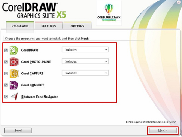 Chọn phần mềm cần thiết trong Corel